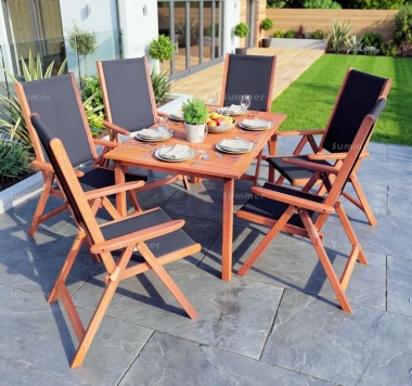 6 Seater Hardwood Set 107 - Textilene Reclining Chairs, Traditional Table 6 Seater Hardwood Set 107 - Textilene Reclining Chairs, Traditional Table