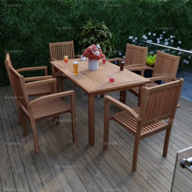 6 Seater Teak Dining Set 198 - Stacking Armchairs, Rectangular Table 6 Seater Teak Dining Set 198 - Stacking Armchairs, Rectangular Table