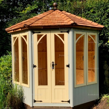 Octagonal Summerhouse 207 - Vertical Cladding, Arch Top Windows, Fitted Free Octagonal Summerhouse 207 - Vertical Cladding, Arch Top Windows, Fitted Free