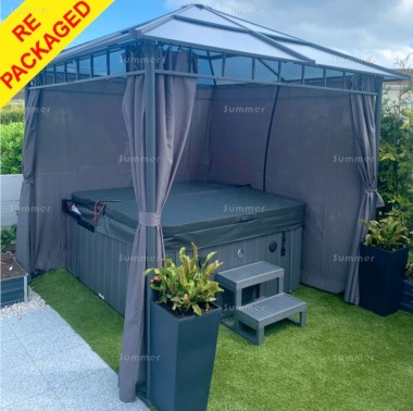 Repackaged Metal Gazebo 268 - Polycarbonate Roof, Side Curtains Repackaged Metal Gazebo 268 - Polycarbonate Roof, Side Curtains
